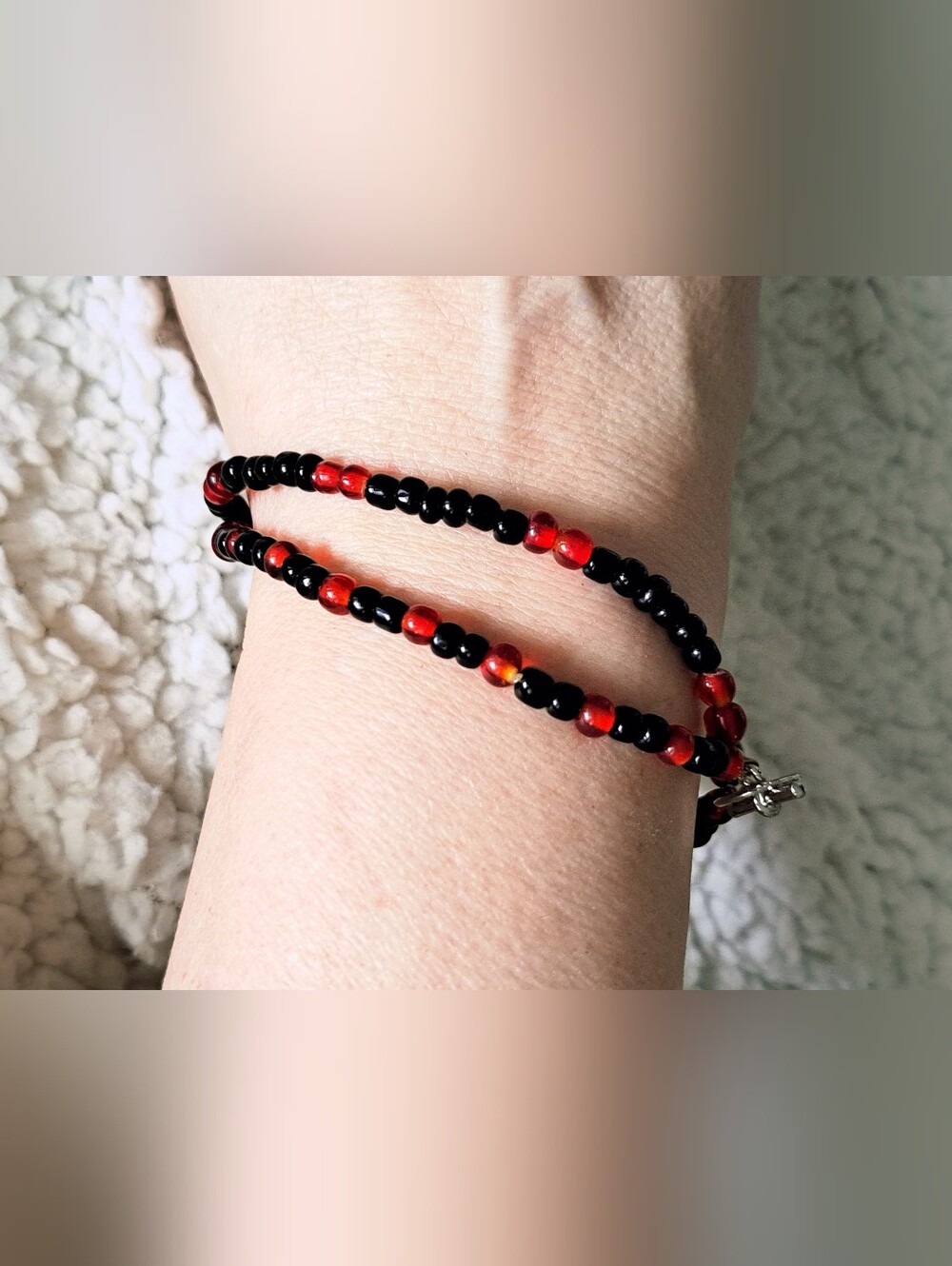 Red and Black Seed Bead Mens Or Wide Ladies Bracelet